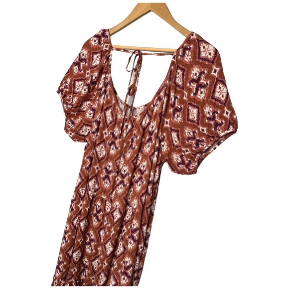 Knox Rose Midi Floral Tiered Boho Scoop Neck Short Puff Sleeves Tie Rust XXL - Picture 8 of 13
